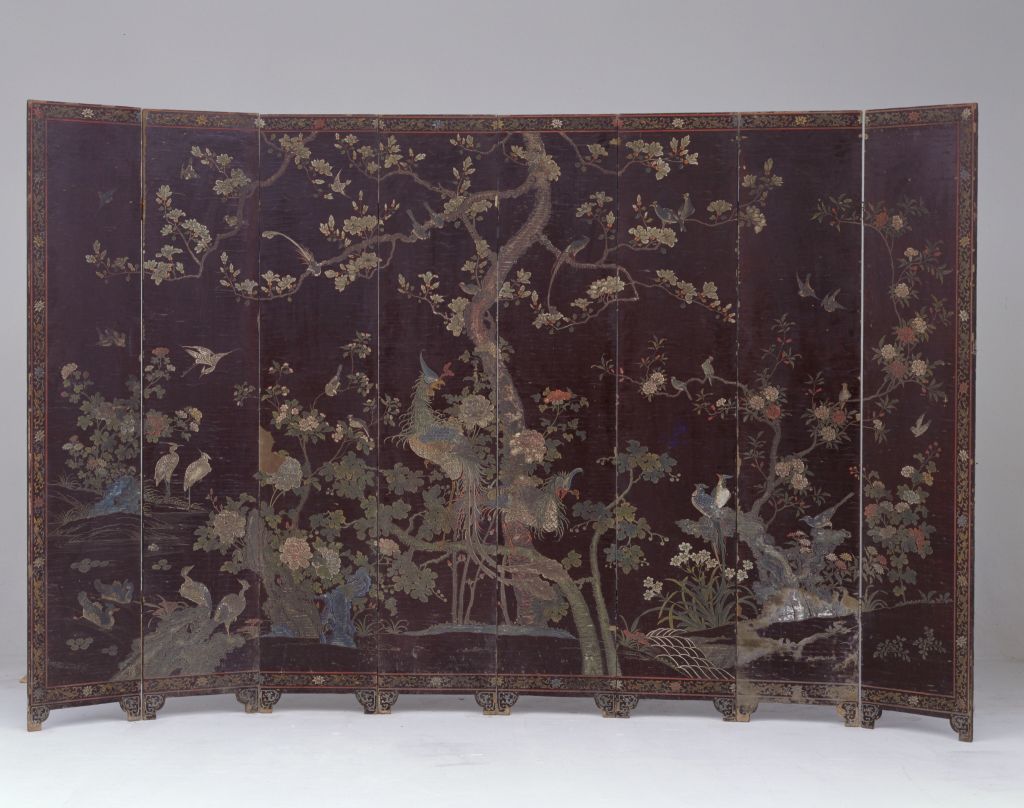 图片[1]-Black-painted color screen with hundreds of birds facing the phoenix-China Archive